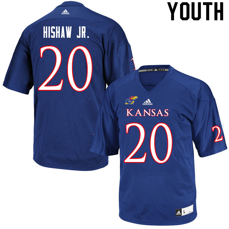 Youth #20 Daniel Hishaw Jr. Kansas Jayhawks College Football Jerseys Sale-Royal - Click Image to Close